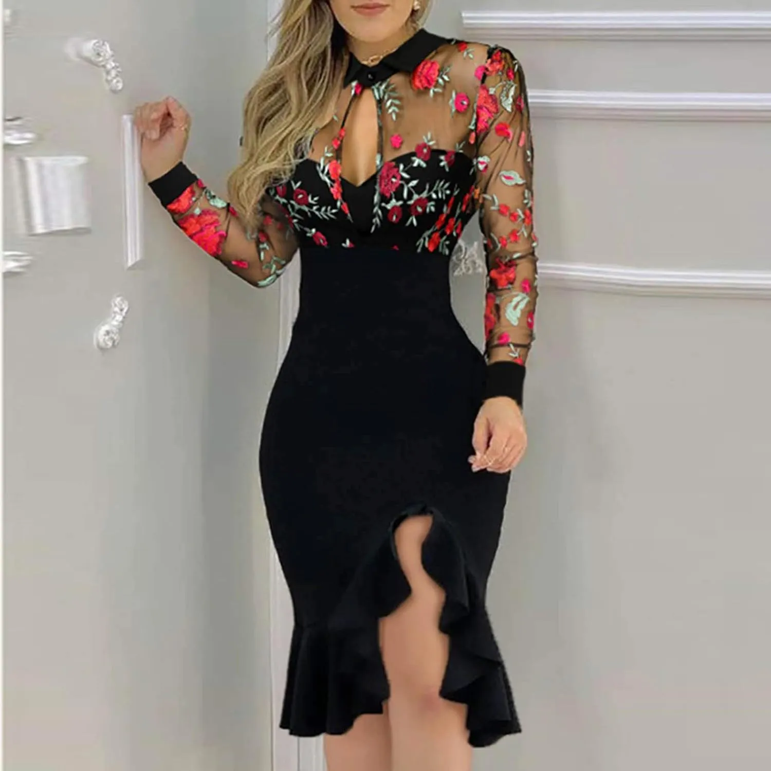 tuduoms Cocktail Dresses Women's Lace Floral Embroidered Long Sleeve Bodycon Elegant Short Dress Lapel Ruffle Sexy Mini Dress
