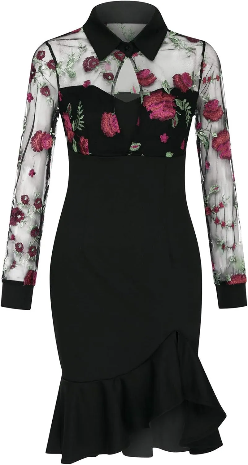 tuduoms Cocktail Dresses Women's Lace Floral Embroidered Long Sleeve Bodycon Elegant Short Dress Lapel Ruffle Sexy Mini Dress