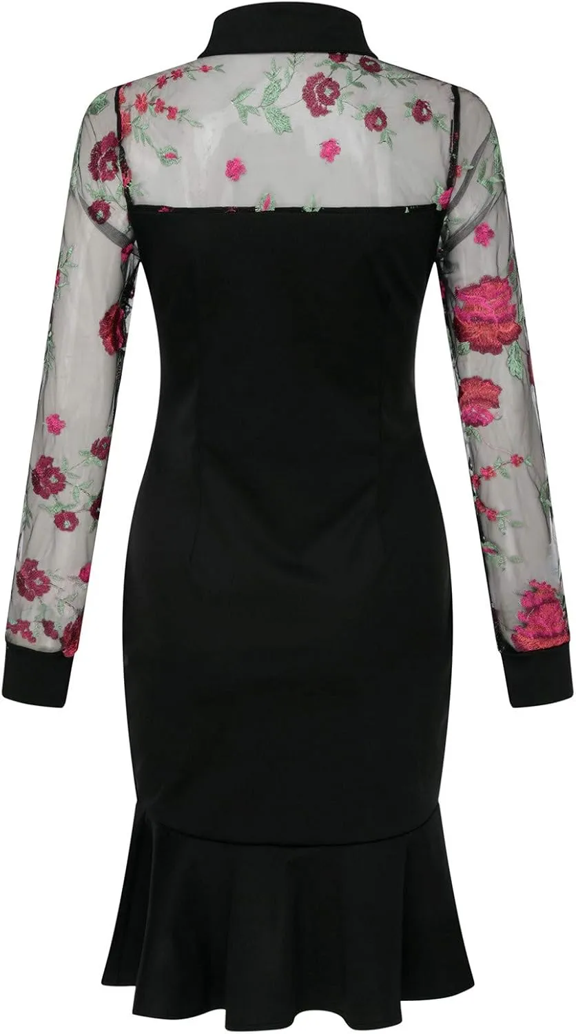 tuduoms Cocktail Dresses Women's Lace Floral Embroidered Long Sleeve Bodycon Elegant Short Dress Lapel Ruffle Sexy Mini Dress