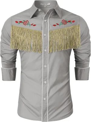 TURETRENDY Men's Western Cowboy Fringe Shirt Long Sleeve Rose Embroidered Slim Fit Button Down Shirt