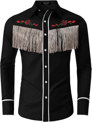 TURETRENDY Men's Western Cowboy Fringe Shirt Long Sleeve Rose Embroidered Slim Fit Button Down Shirt
