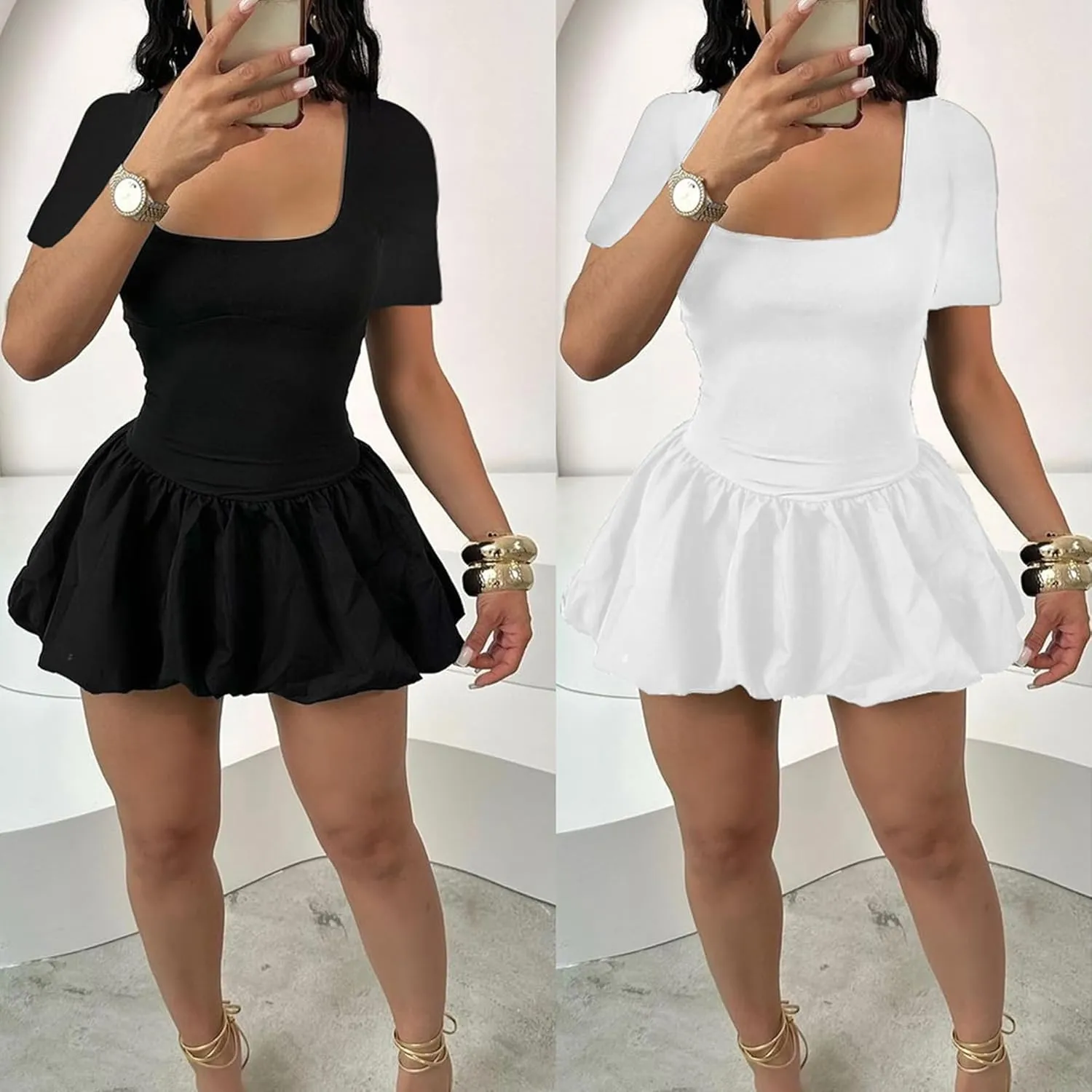 Vakkest Women's Square Neck Mini Bubble Dress Long Sleeve Cute Elegant Patchwork Cocktail Party Y2k Clubwear Dresses