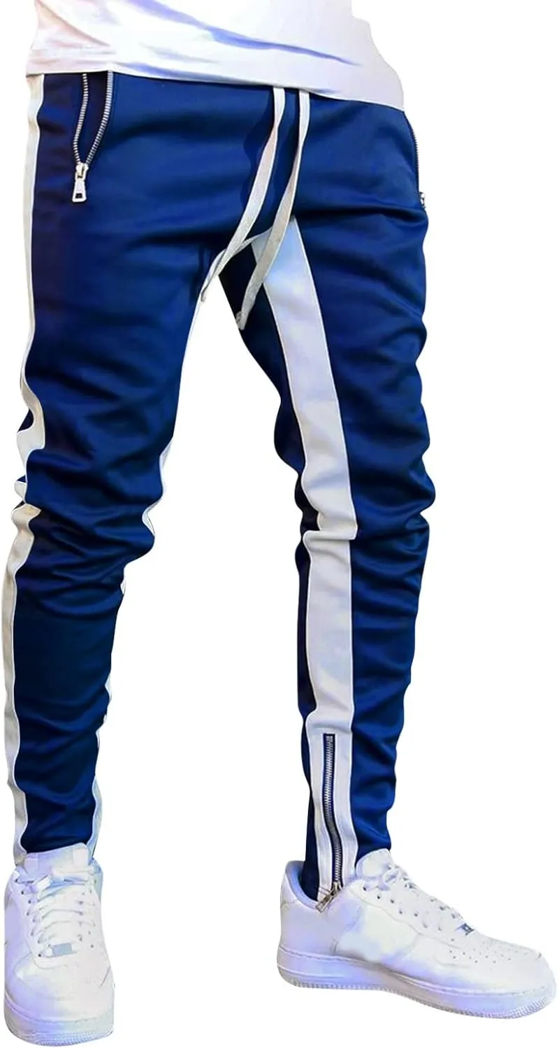 WABEOR Mens Fashion Striped Jogger Pants Zipper Pockets Slim Fit Casual Stretch Sweatpants Athletic Designer Street Trousers