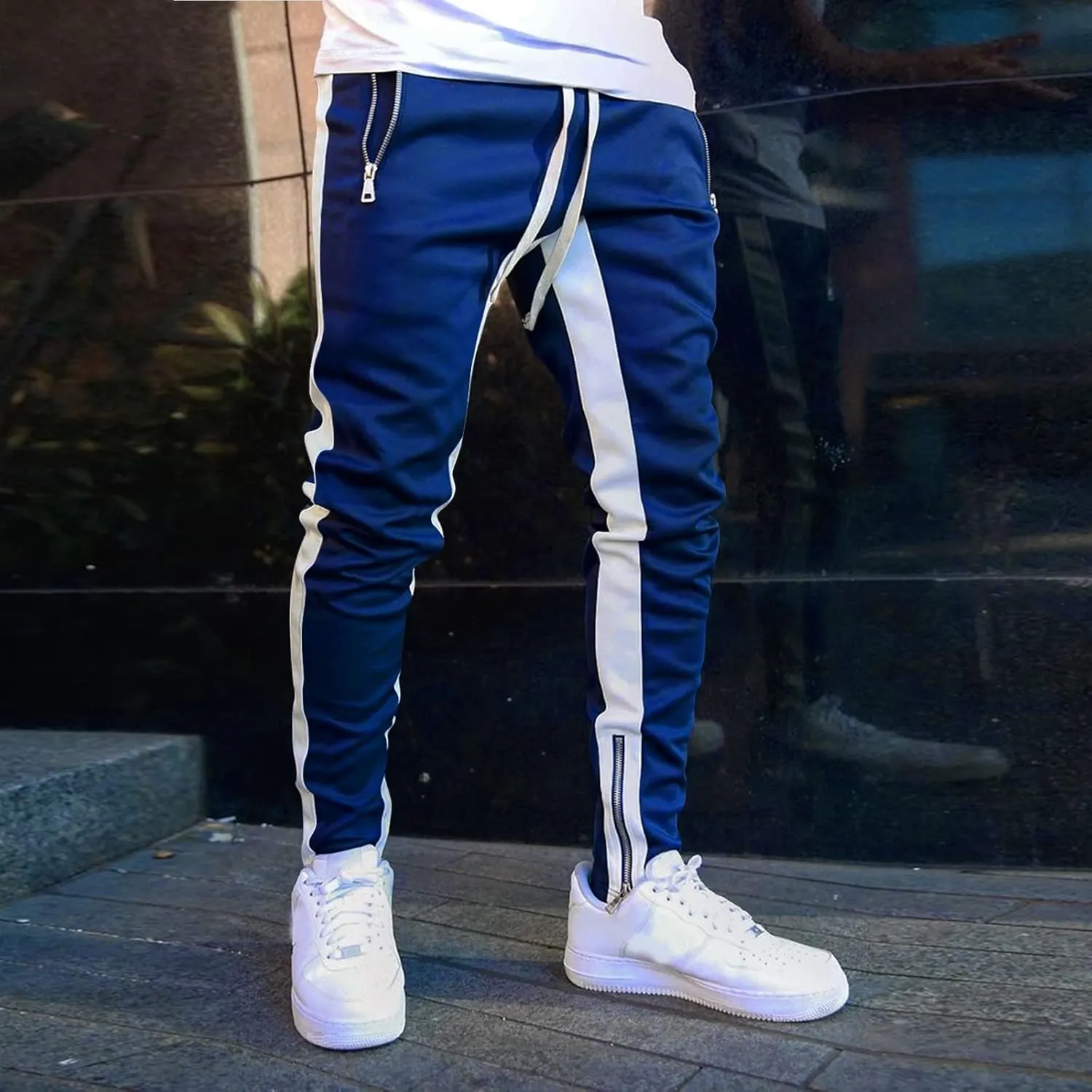 WABEOR Mens Fashion Striped Jogger Pants Zipper Pockets Slim Fit Casual Stretch Sweatpants Athletic Designer Street Trousers