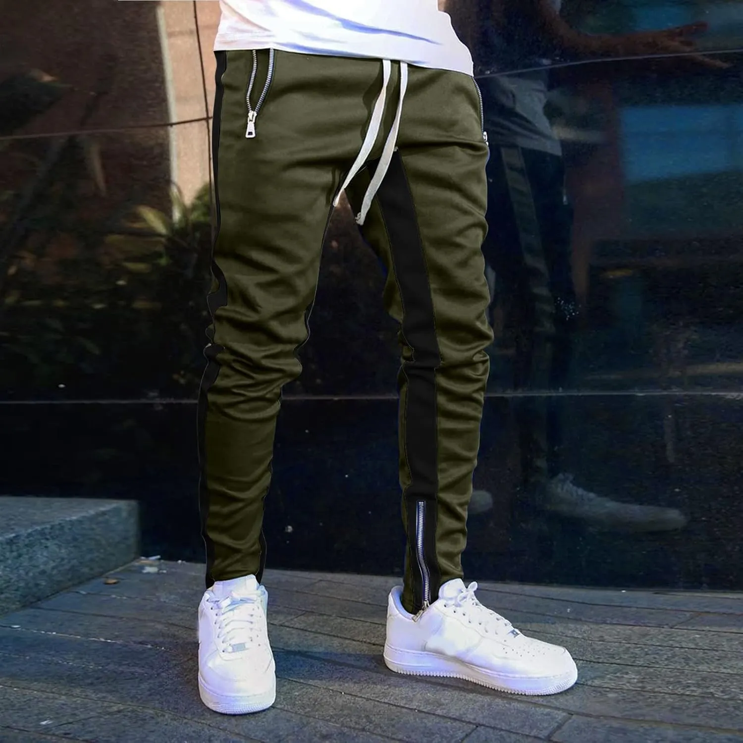 WABEOR Mens Fashion Striped Jogger Pants Zipper Pockets Slim Fit Casual Stretch Sweatpants Athletic Designer Street Trousers