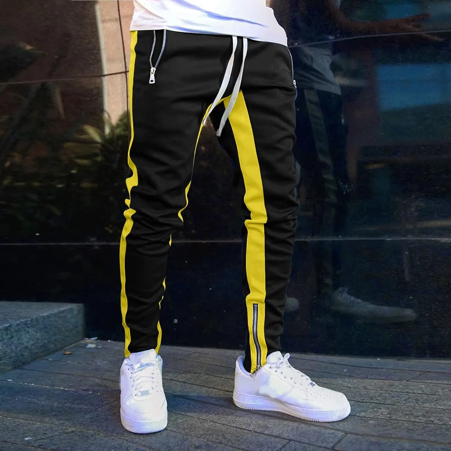 WABEOR Mens Fashion Striped Jogger Pants Zipper Pockets Slim Fit Casual Stretch Sweatpants Athletic Designer Street Trousers