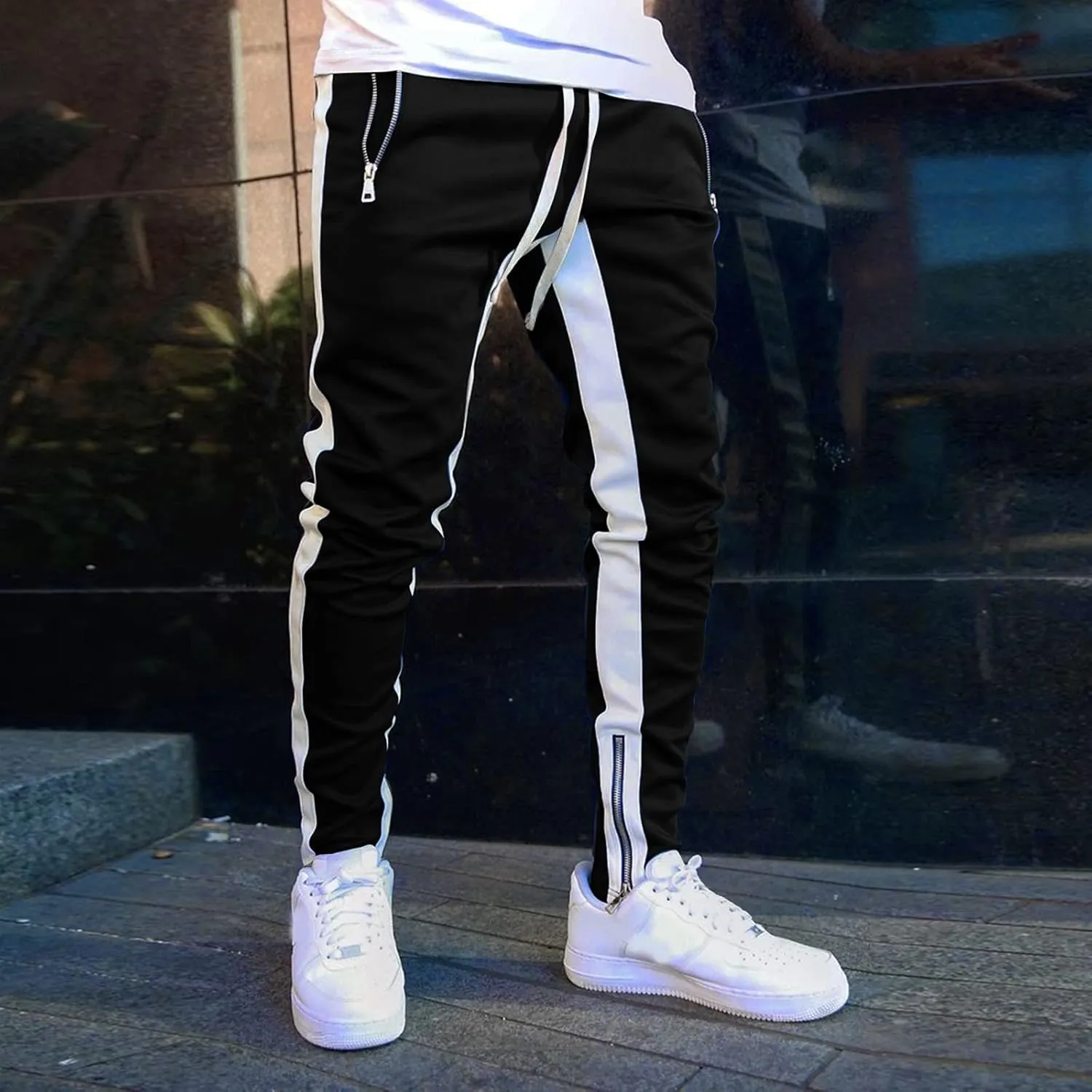 WABEOR Mens Fashion Striped Jogger Pants Zipper Pockets Slim Fit Casual Stretch Sweatpants Athletic Designer Street Trousers