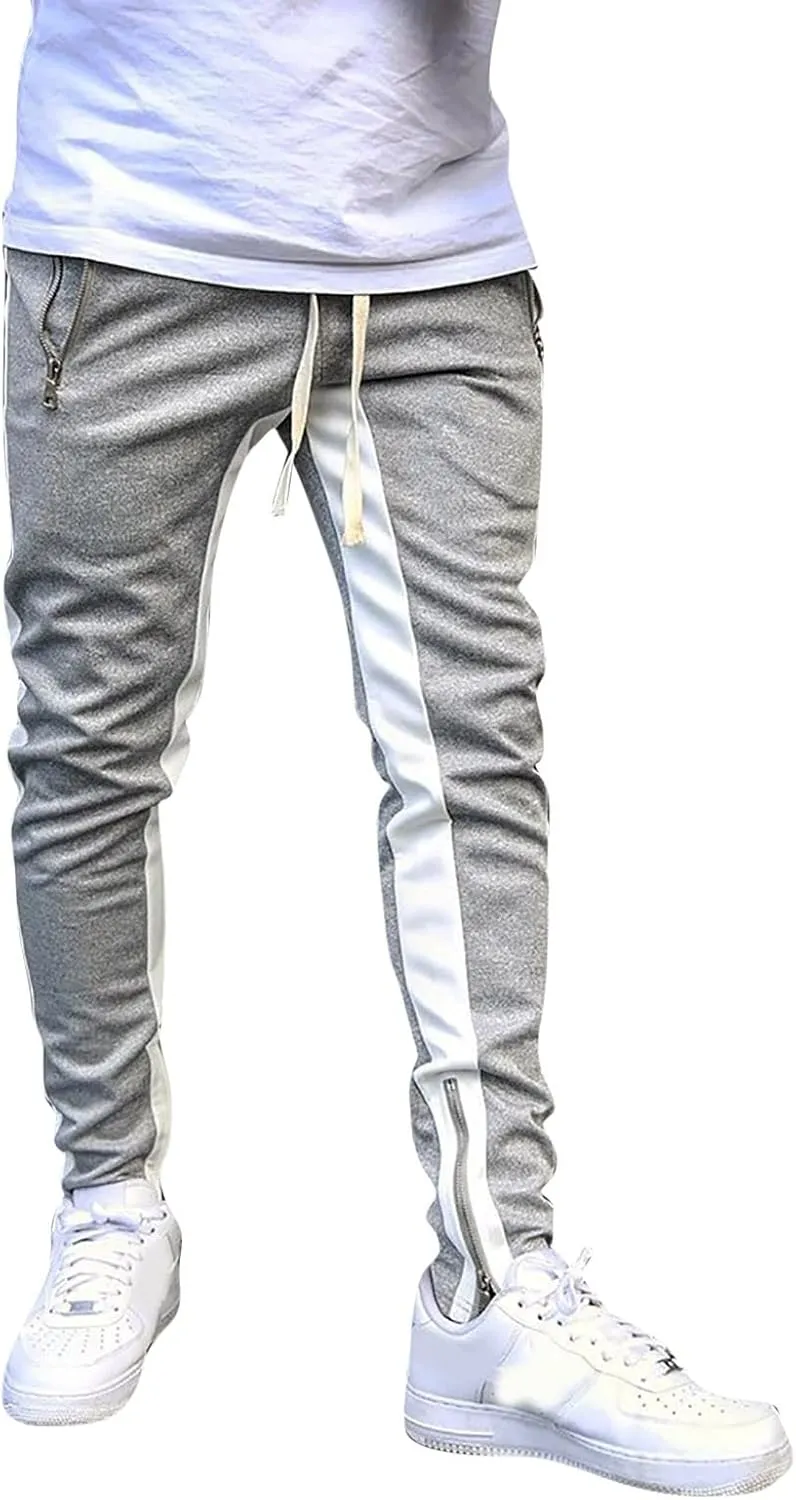 WABEOR Mens Fashion Striped Jogger Pants Zipper Pockets Slim Fit Casual Stretch Sweatpants Athletic Designer Street Trousers