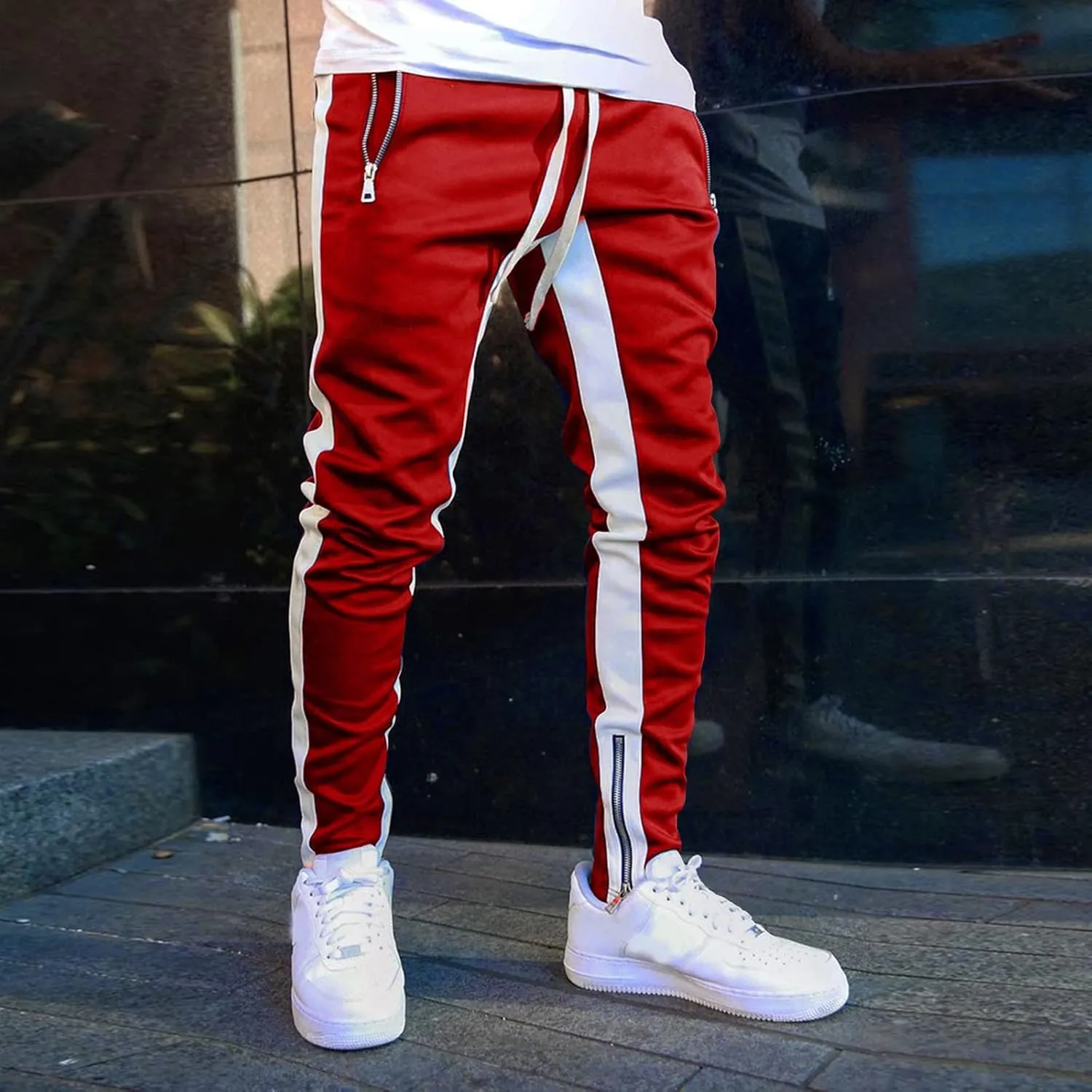 WABEOR Mens Fashion Striped Jogger Pants Zipper Pockets Slim Fit Casual Stretch Sweatpants Athletic Designer Street Trousers