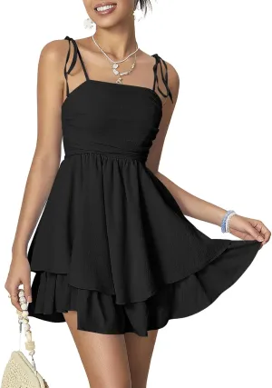 WDIRARA Women's Tie Shoulder Ruched Sleeveless Shirred Layered Ruffle Hem Cocktail Party Cami Dress