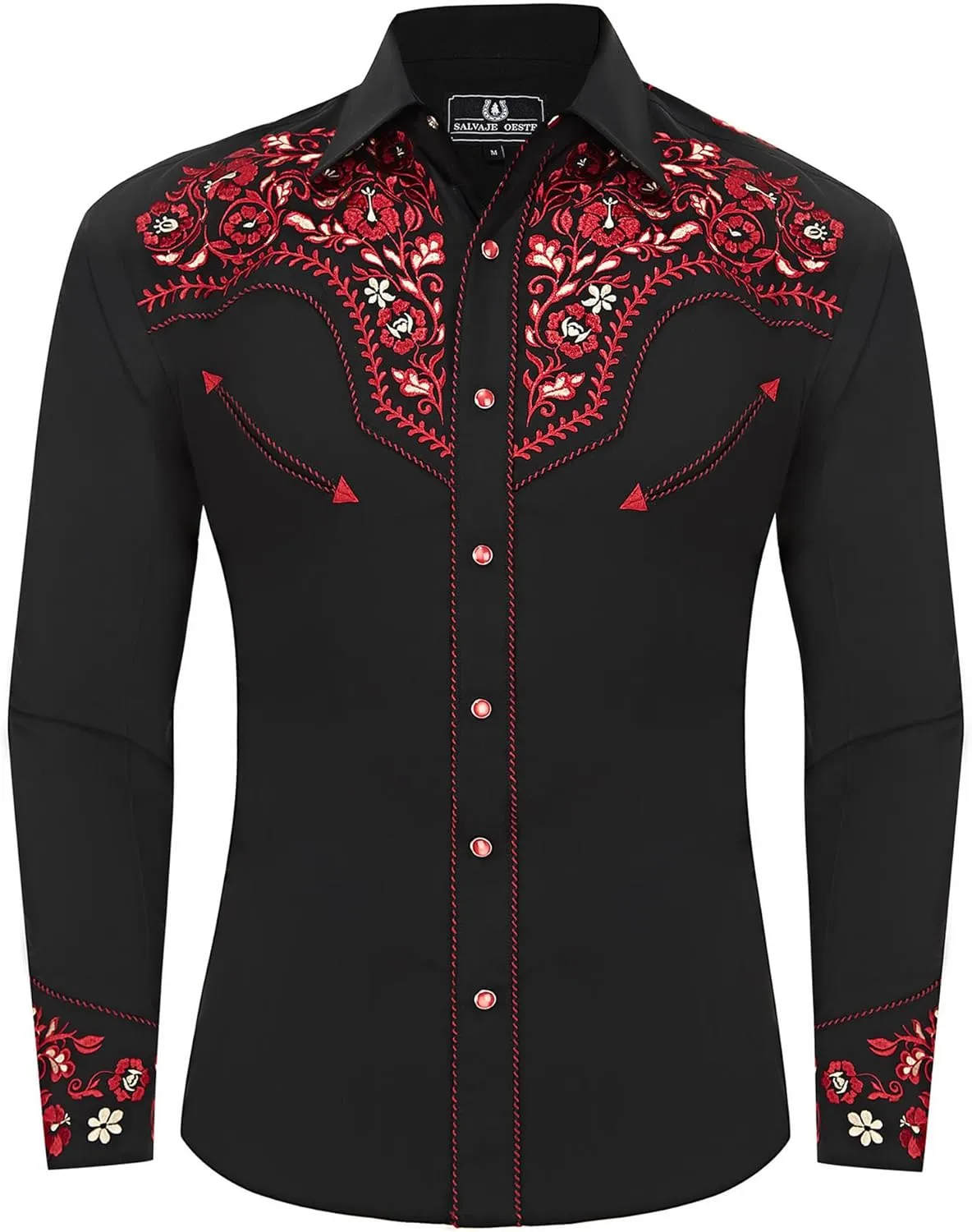 Western Embroidered Cowboy Shirts for Men, Casual Button Down Long Sleeve Shirt Floral Design Retro Shirt