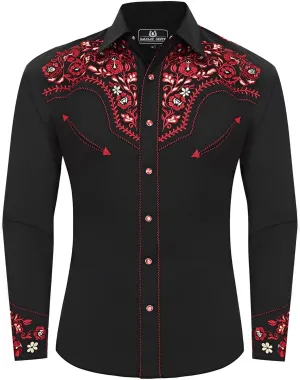 Western Embroidered Cowboy Shirts for Men, Casual Button Down Long Sleeve Shirt Floral Design Retro Shirt