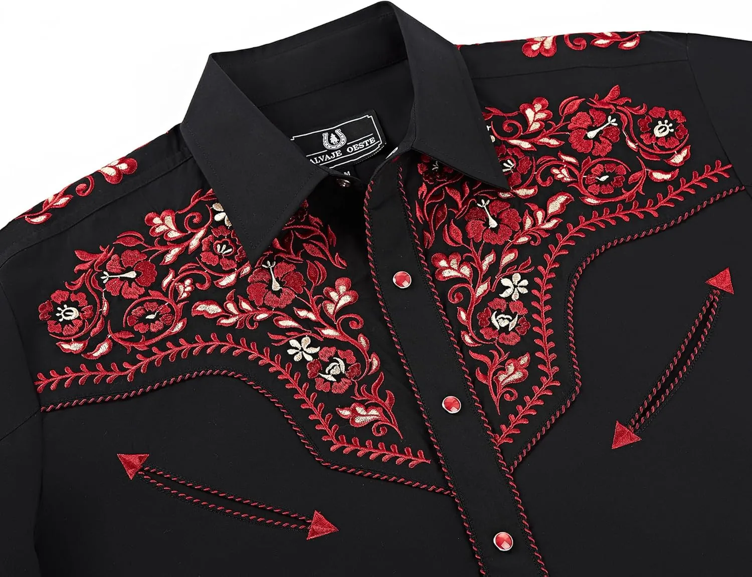 Western Embroidered Cowboy Shirts for Men, Casual Button Down Long Sleeve Shirt Floral Design Retro Shirt