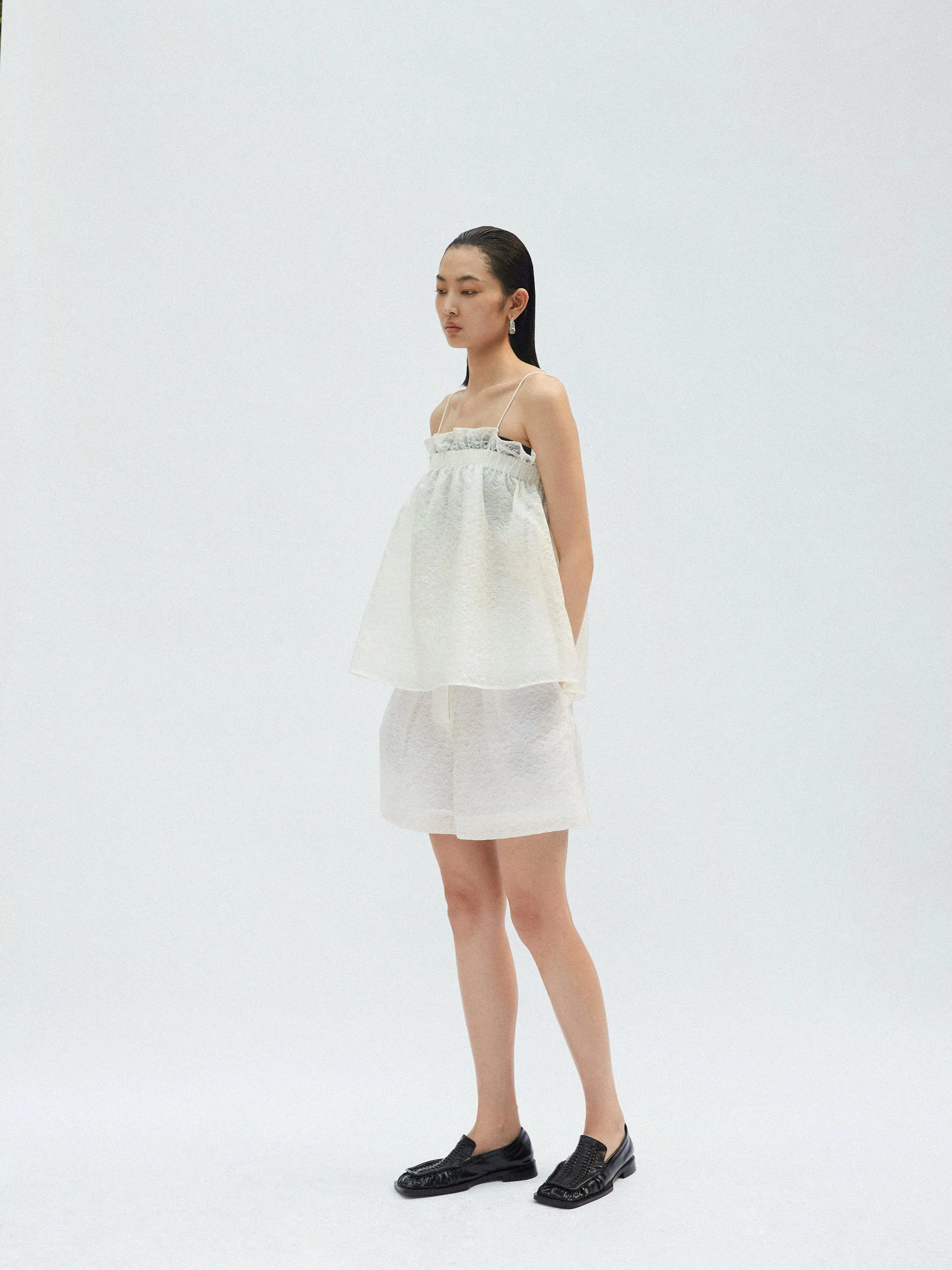White Thread Organza Tailored Shorts