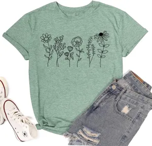 Wildflower Shirt Women Floral Graphic Tshirt Shirt Summer Daisy Flower Tee Casual Short Sleeve Plant Lover Holiday Tops