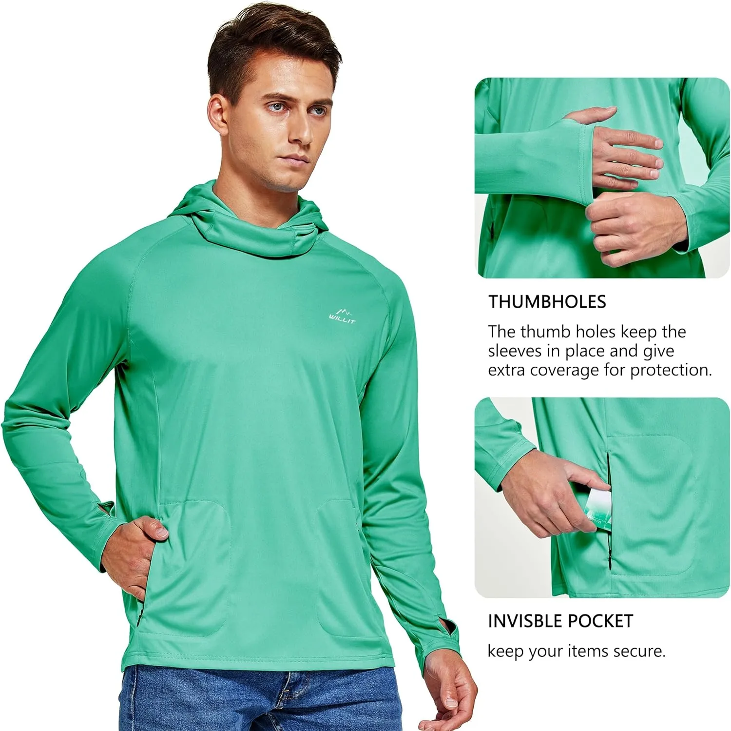 Willit Men's Sun Protection Hoodie UPF 50  Fishing Hiking Shirt Long Sleeve SPF UV Shirt Rash Guard Lightweight