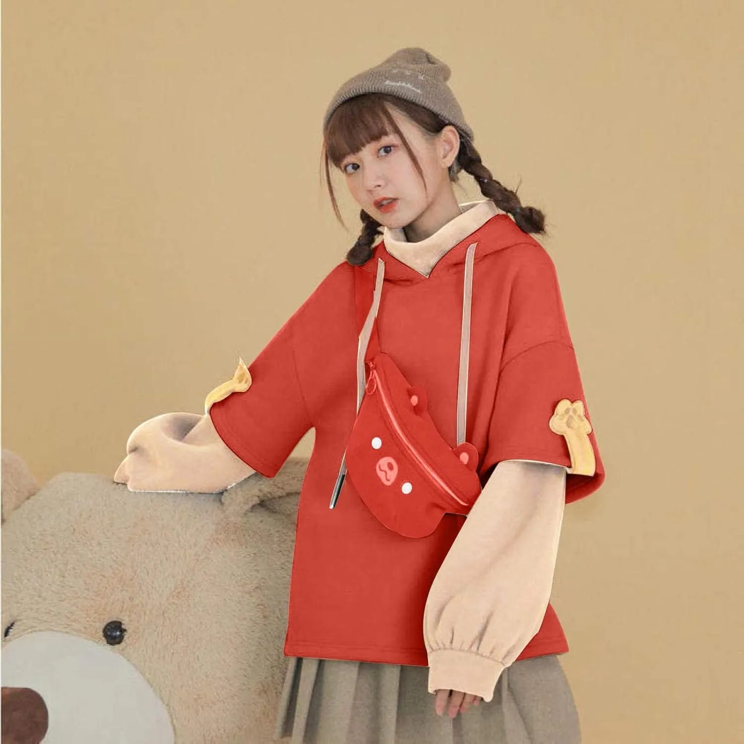Wkishenl Cute Bear Hoodies for Womens Kawaii Clothes Long Sleeve Aesthetic Sweatshirts Patchwork Shirts with Personality Bag
