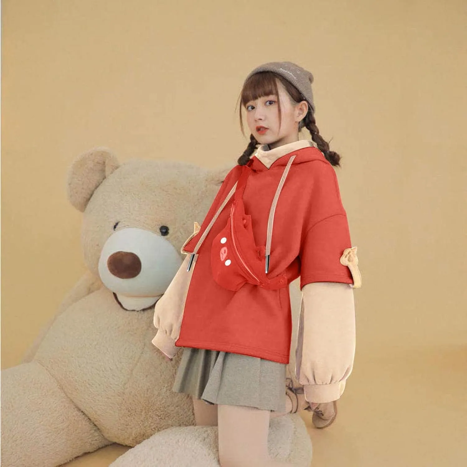 Wkishenl Cute Bear Hoodies for Womens Kawaii Clothes Long Sleeve Aesthetic Sweatshirts Patchwork Shirts with Personality Bag