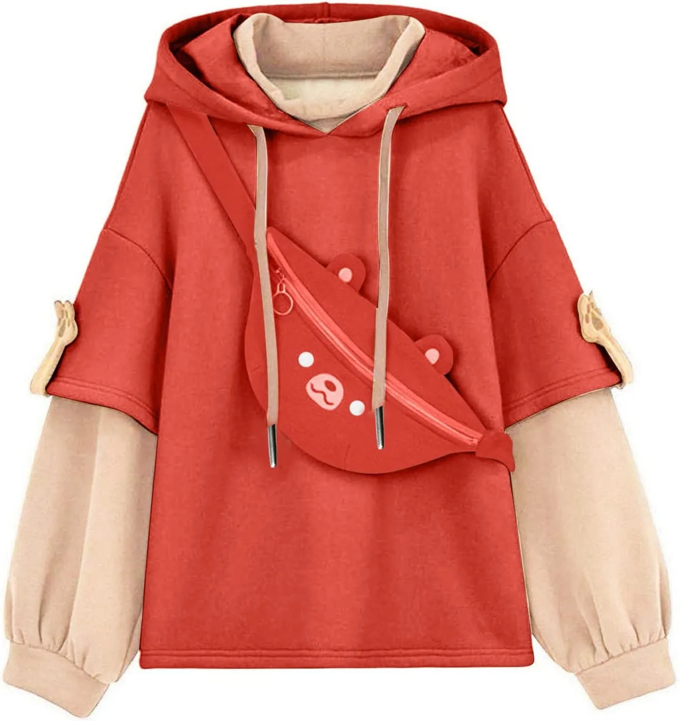 Wkishenl Cute Bear Hoodies for Womens Kawaii Clothes Long Sleeve Aesthetic Sweatshirts Patchwork Shirts with Personality Bag