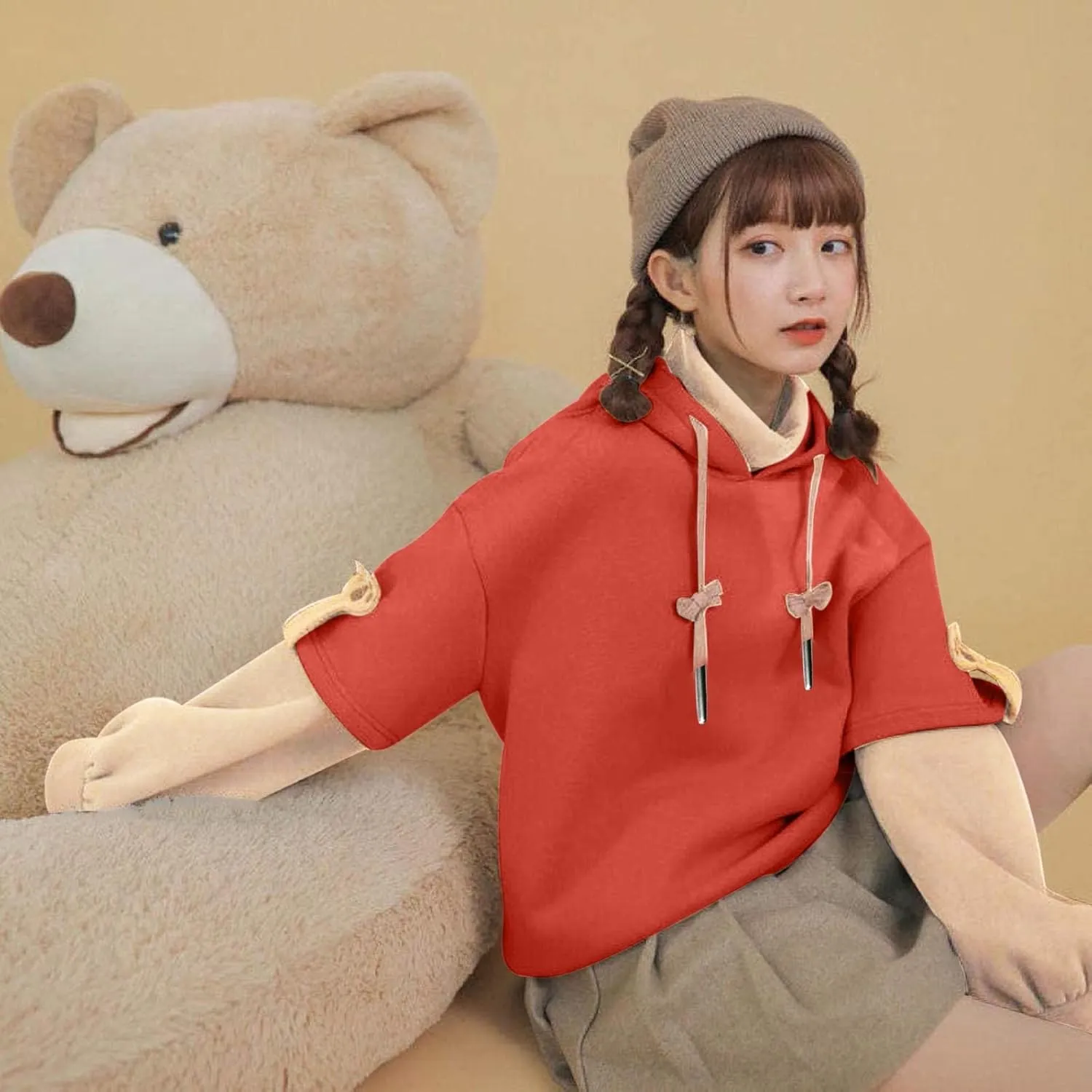 Wkishenl Cute Bear Hoodies for Womens Kawaii Clothes Long Sleeve Aesthetic Sweatshirts Patchwork Shirts with Personality Bag