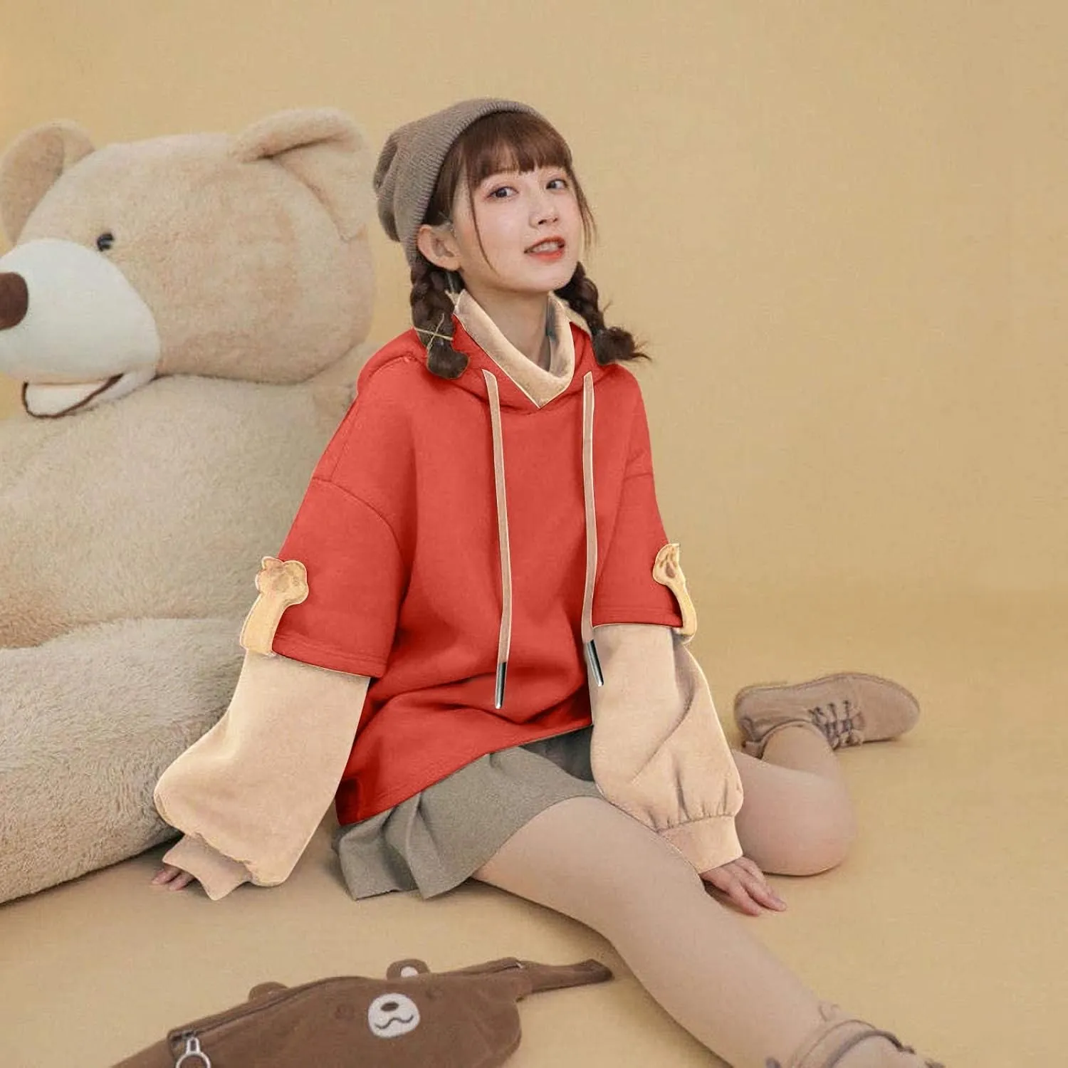 Wkishenl Cute Bear Hoodies for Womens Kawaii Clothes Long Sleeve Aesthetic Sweatshirts Patchwork Shirts with Personality Bag