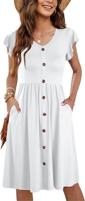 WNEEDU Women Summer Dresses Sleeveless Casual Loose Swing Button Down Midi Dress with Pockets
