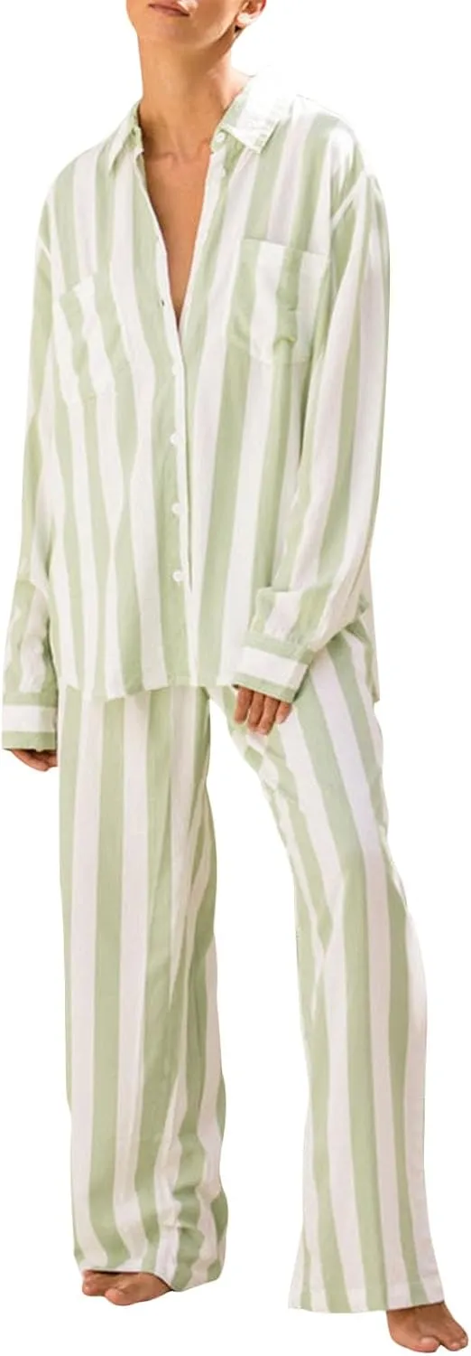 Women 2 Piece Floral Pajamas Sets Long Sleeve Button Down Shirt Wide Leg Palazzo Pants Y2K Loungewear Sleepwear Pjs