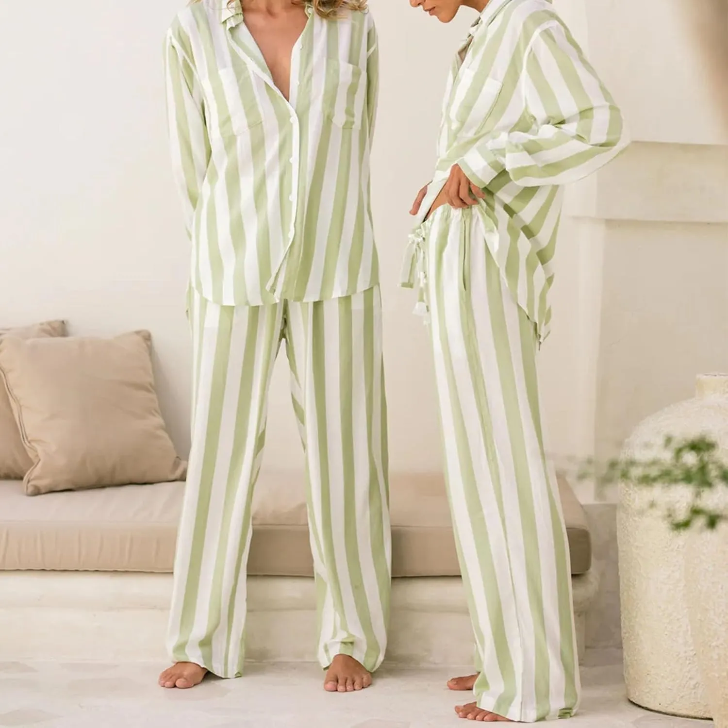 Women 2 Piece Floral Pajamas Sets Long Sleeve Button Down Shirt Wide Leg Palazzo Pants Y2K Loungewear Sleepwear Pjs