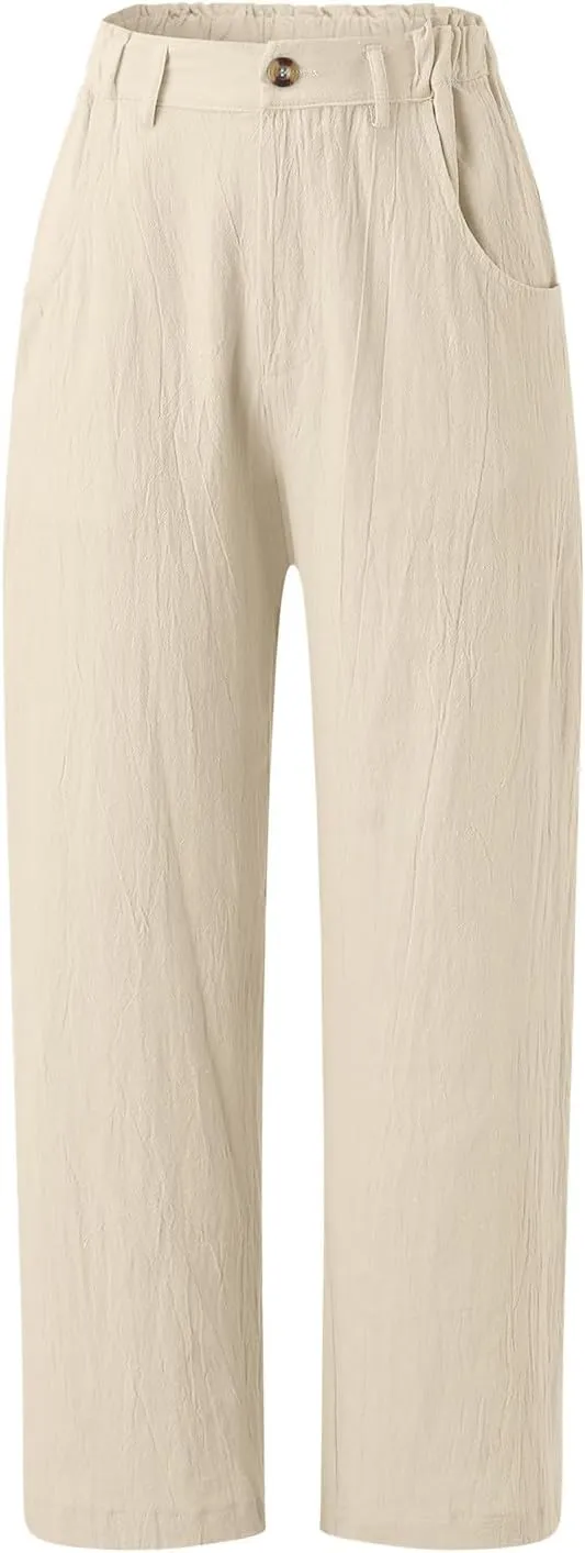 Women Capri Pants Summer Trendy Linen Cropped Trousers with Pockets Wide Leg Loose Lightweight Beach Casual Capris