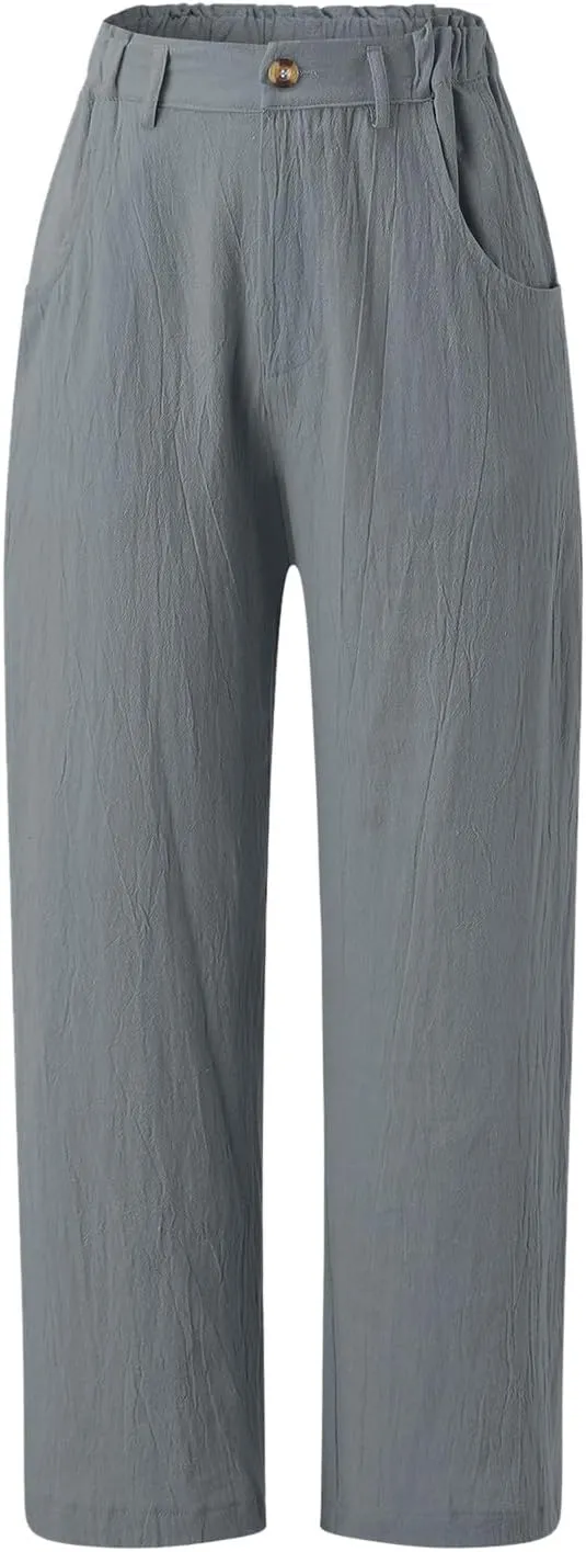 Women Capri Pants Summer Trendy Linen Cropped Trousers with Pockets Wide Leg Loose Lightweight Beach Casual Capris