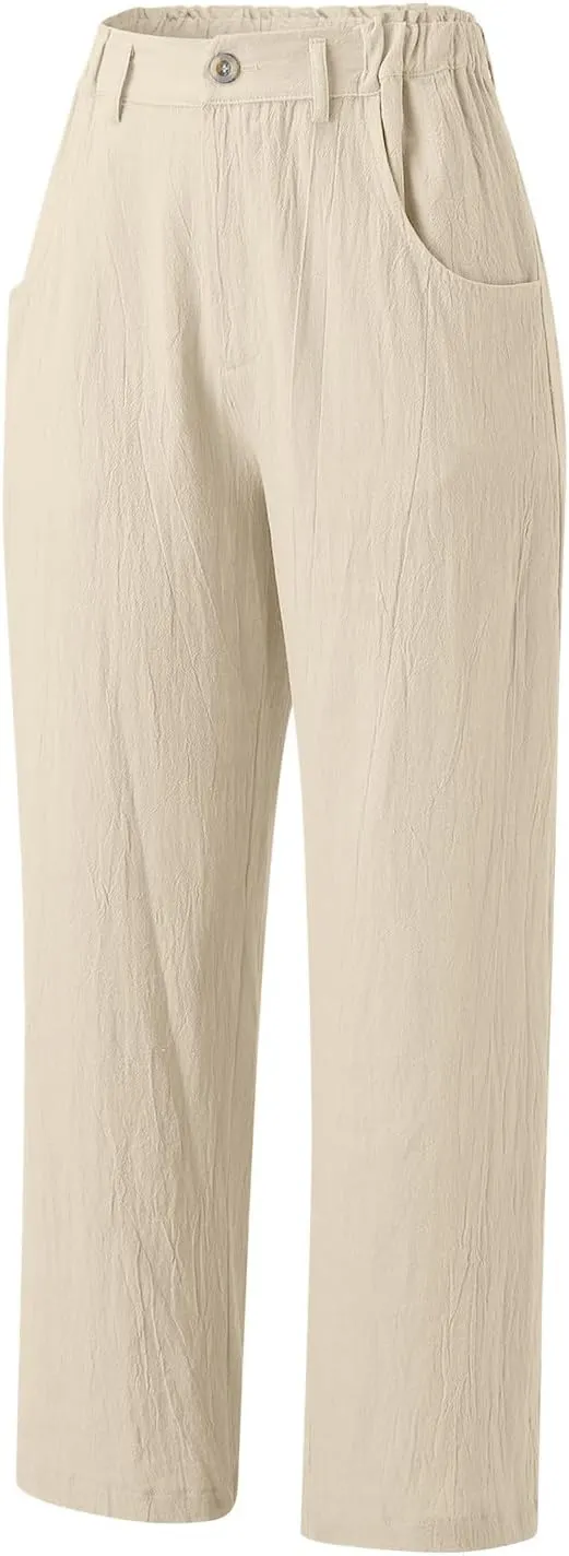 Women Capri Pants Summer Trendy Linen Cropped Trousers with Pockets Wide Leg Loose Lightweight Beach Casual Capris