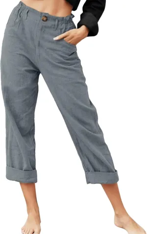 Women Capri Pants Summer Trendy Linen Cropped Trousers with Pockets Wide Leg Loose Lightweight Beach Casual Capris