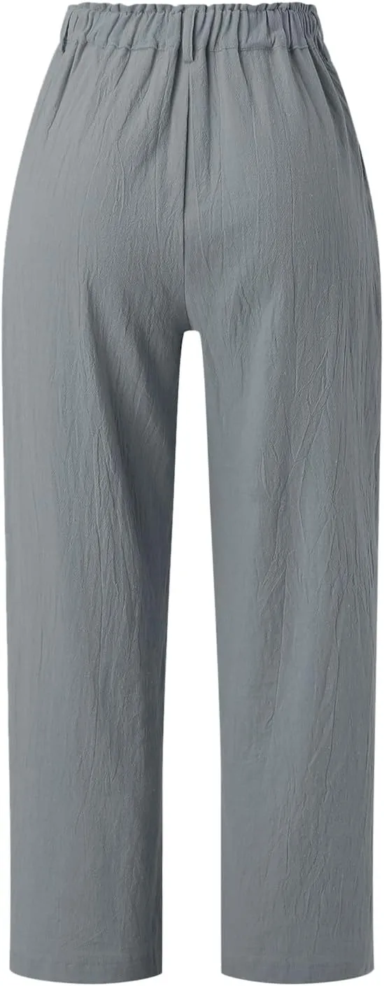 Women Capri Pants Summer Trendy Linen Cropped Trousers with Pockets Wide Leg Loose Lightweight Beach Casual Capris