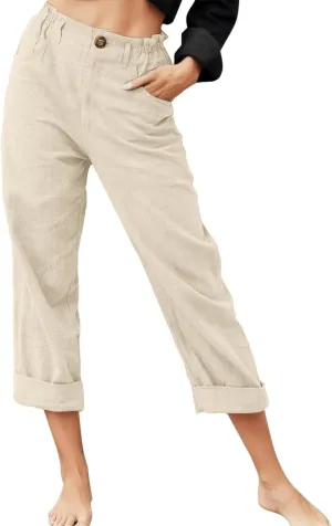 Women Capri Pants Summer Trendy Linen Cropped Trousers with Pockets Wide Leg Loose Lightweight Beach Casual Capris