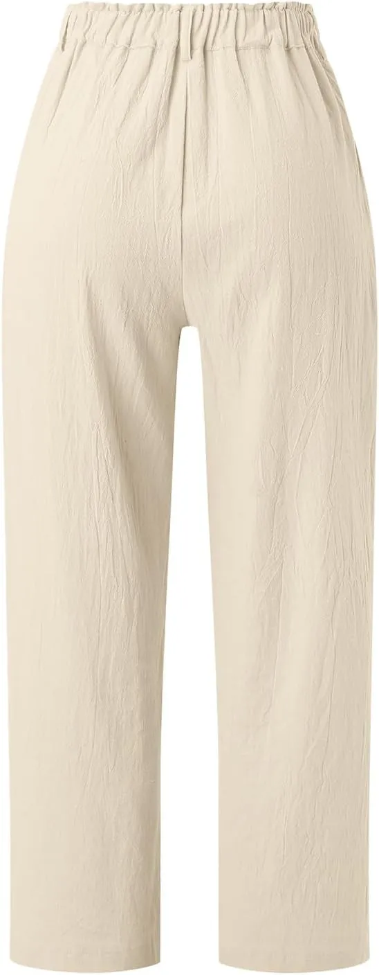 Women Capri Pants Summer Trendy Linen Cropped Trousers with Pockets Wide Leg Loose Lightweight Beach Casual Capris