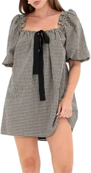 Women Cute Babydoll Mini Dress Puff Sleeve Bow Tie Cute Ruffle Shift Boho Floral Bow Square Neck Loose Sundress