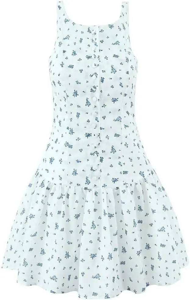 Women Floral Print Tank Dress Front Buttons Sleeveless A-Line Mini Dresses Holiday Robe