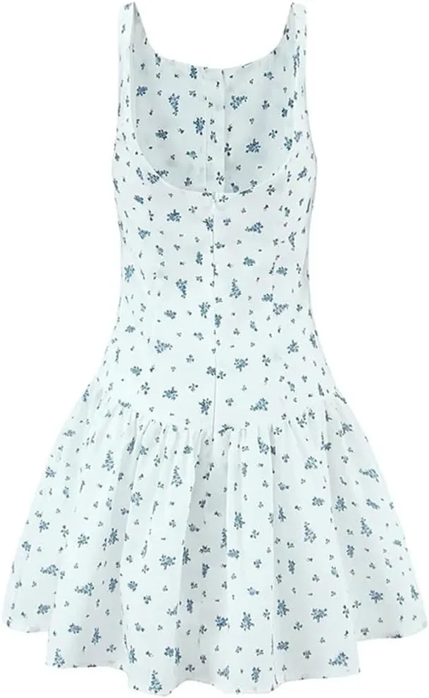 Women Floral Print Tank Dress Front Buttons Sleeveless A-Line Mini Dresses Holiday Robe