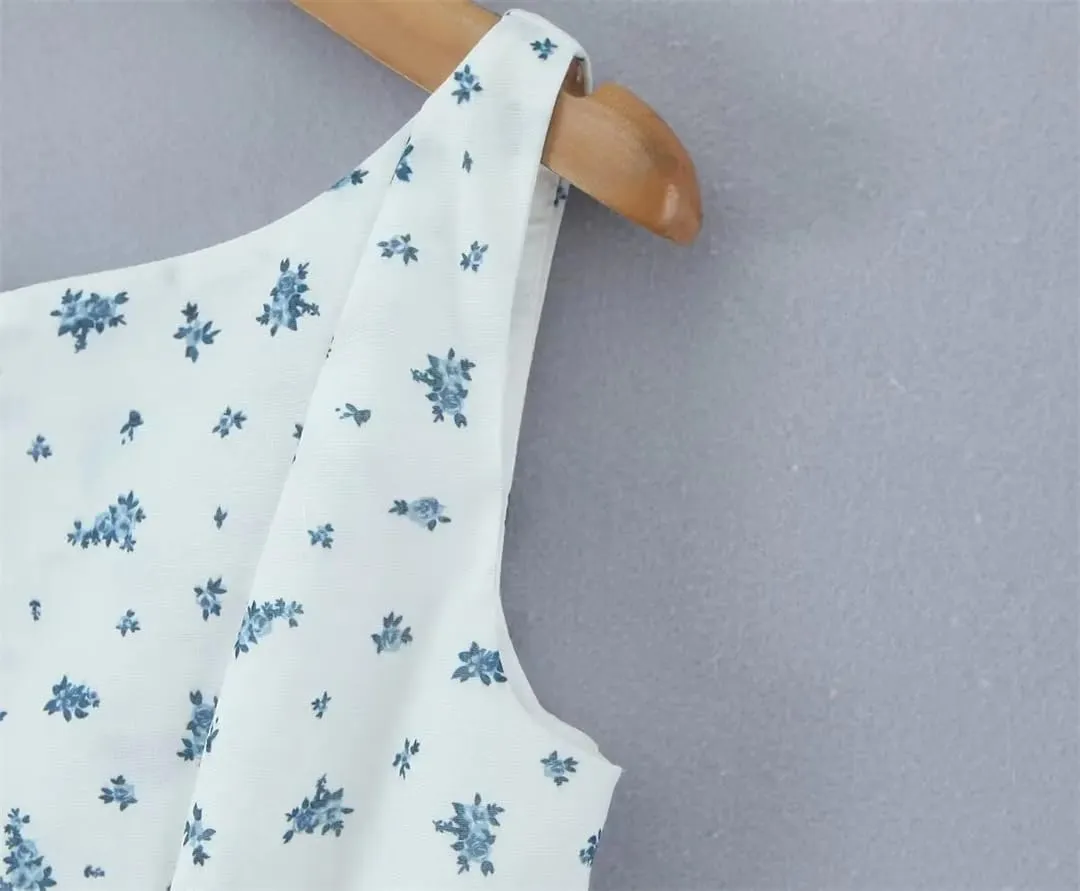 Women Floral Print Tank Dress Front Buttons Sleeveless A-Line Mini Dresses Holiday Robe