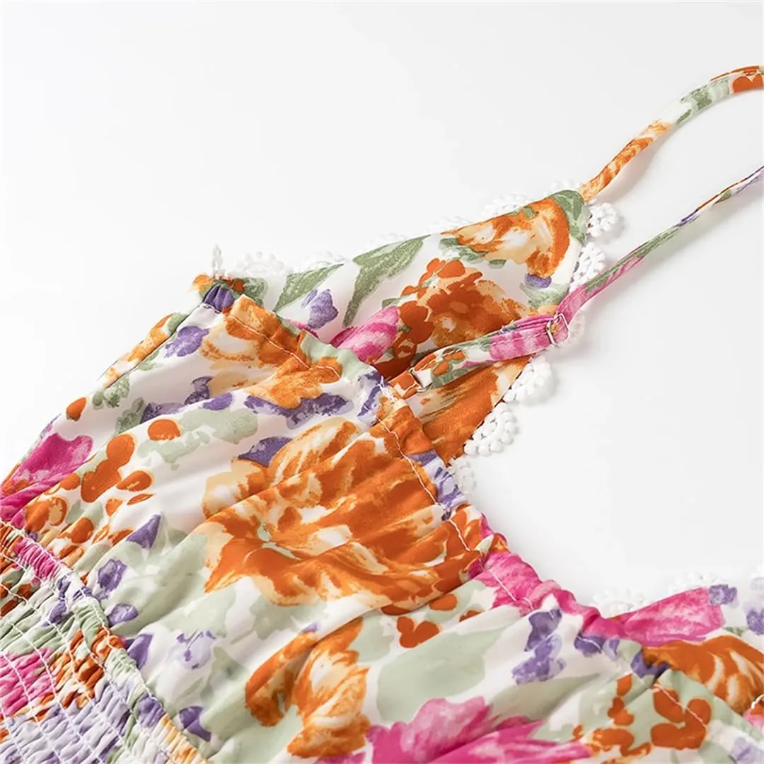 Women Front Knotted V Neck Mini Dress Print Spaghetti Straps Elastic Waist A-Line Dresses