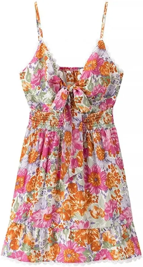 Women Front Knotted V Neck Mini Dress Print Spaghetti Straps Elastic Waist A-Line Dresses