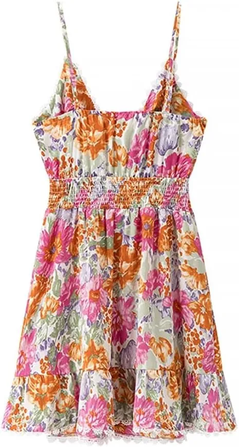 Women Front Knotted V Neck Mini Dress Print Spaghetti Straps Elastic Waist A-Line Dresses