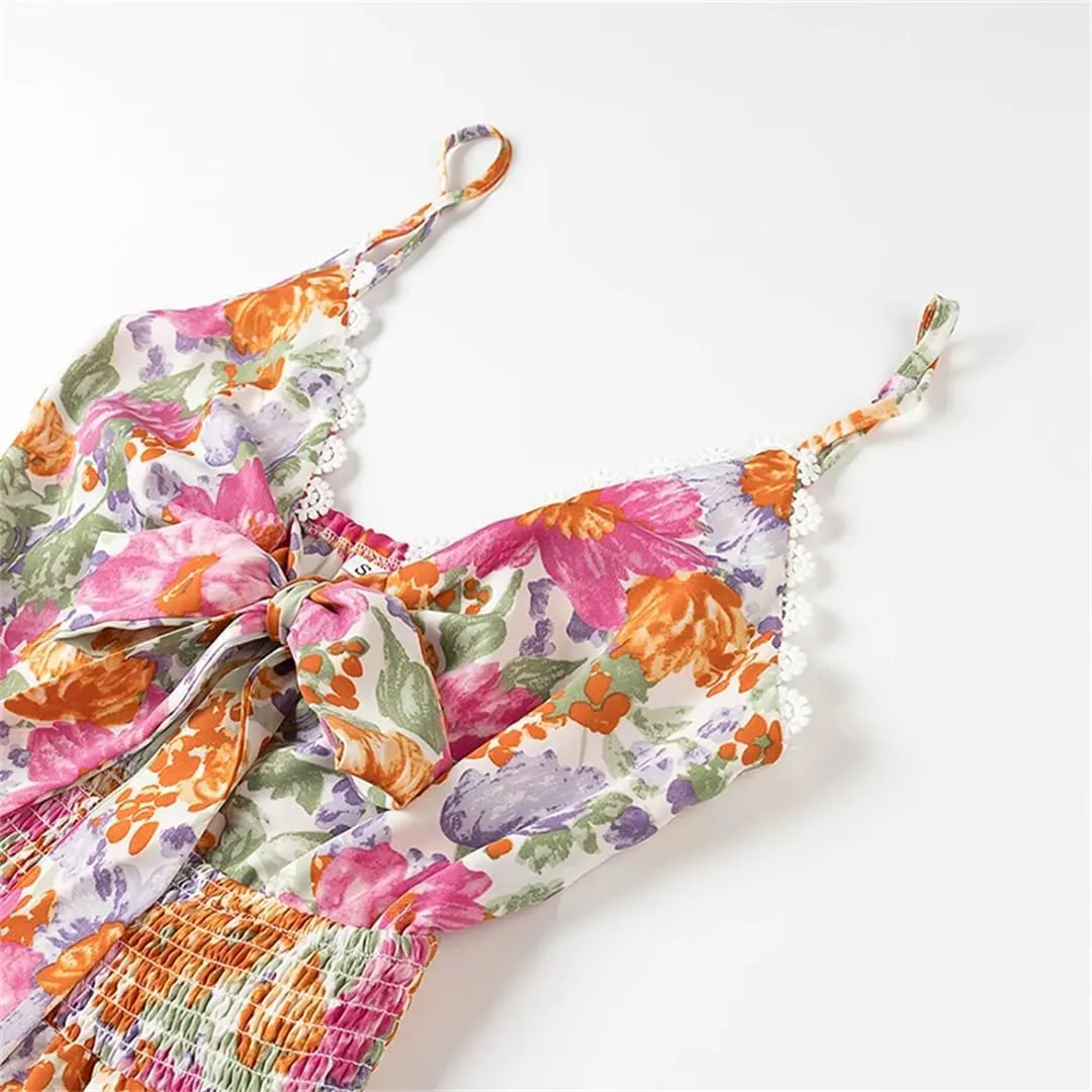 Women Front Knotted V Neck Mini Dress Print Spaghetti Straps Elastic Waist A-Line Dresses