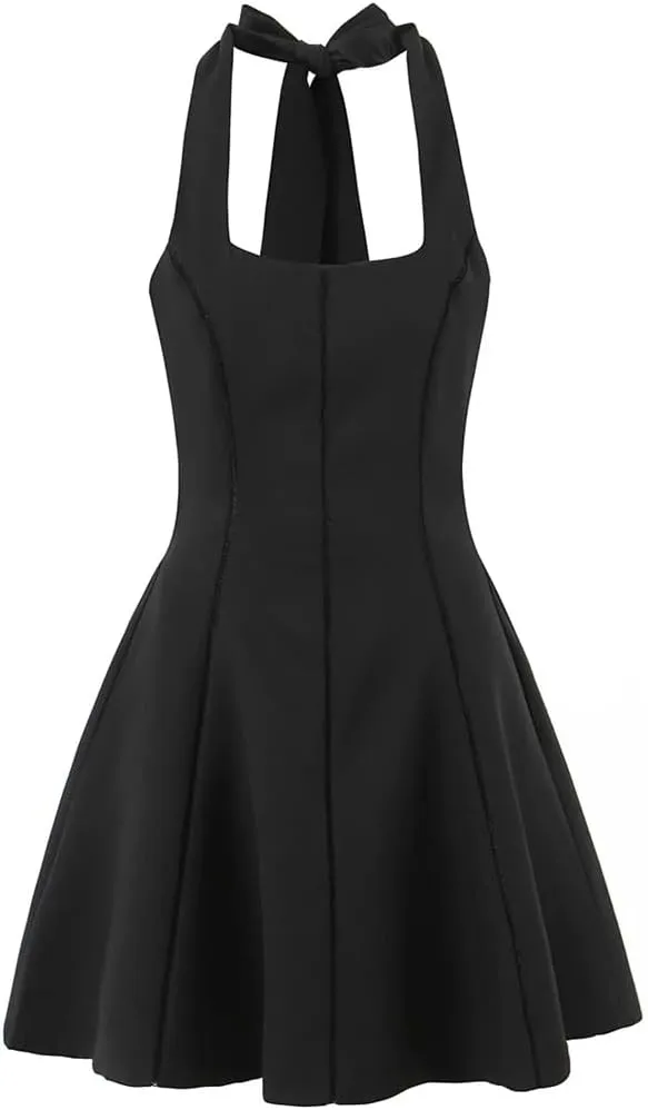 Women Halters Backless Mini Dress Solid A-Line Sleeveless Slim Birthday Party Dresses