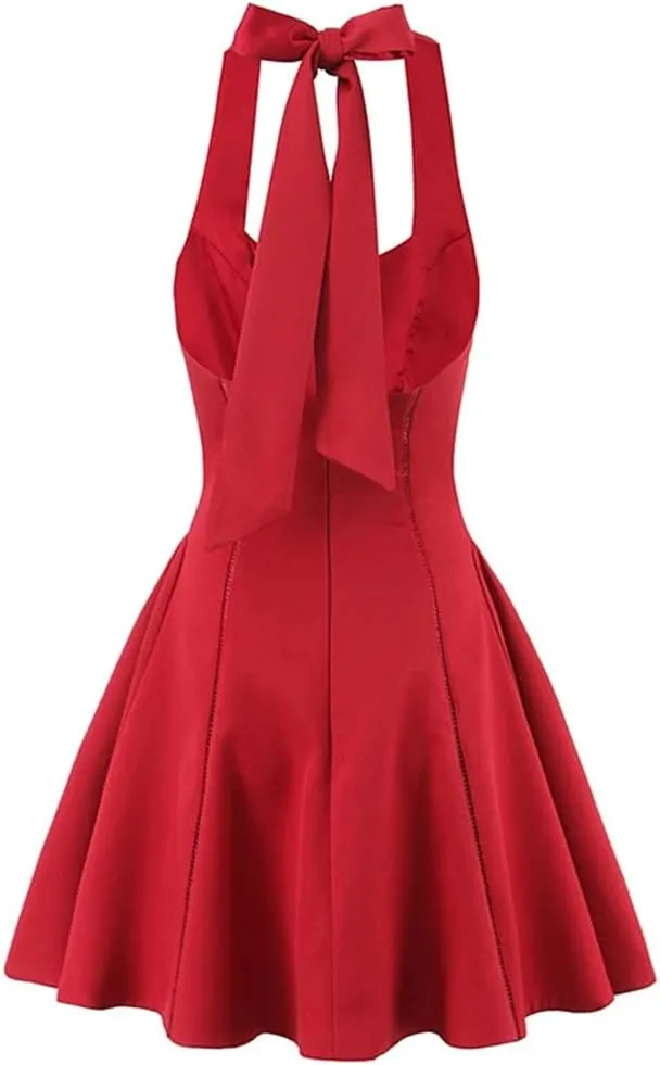 Women Halters Backless Mini Dress Solid A-Line Sleeveless Slim Birthday Party Dresses