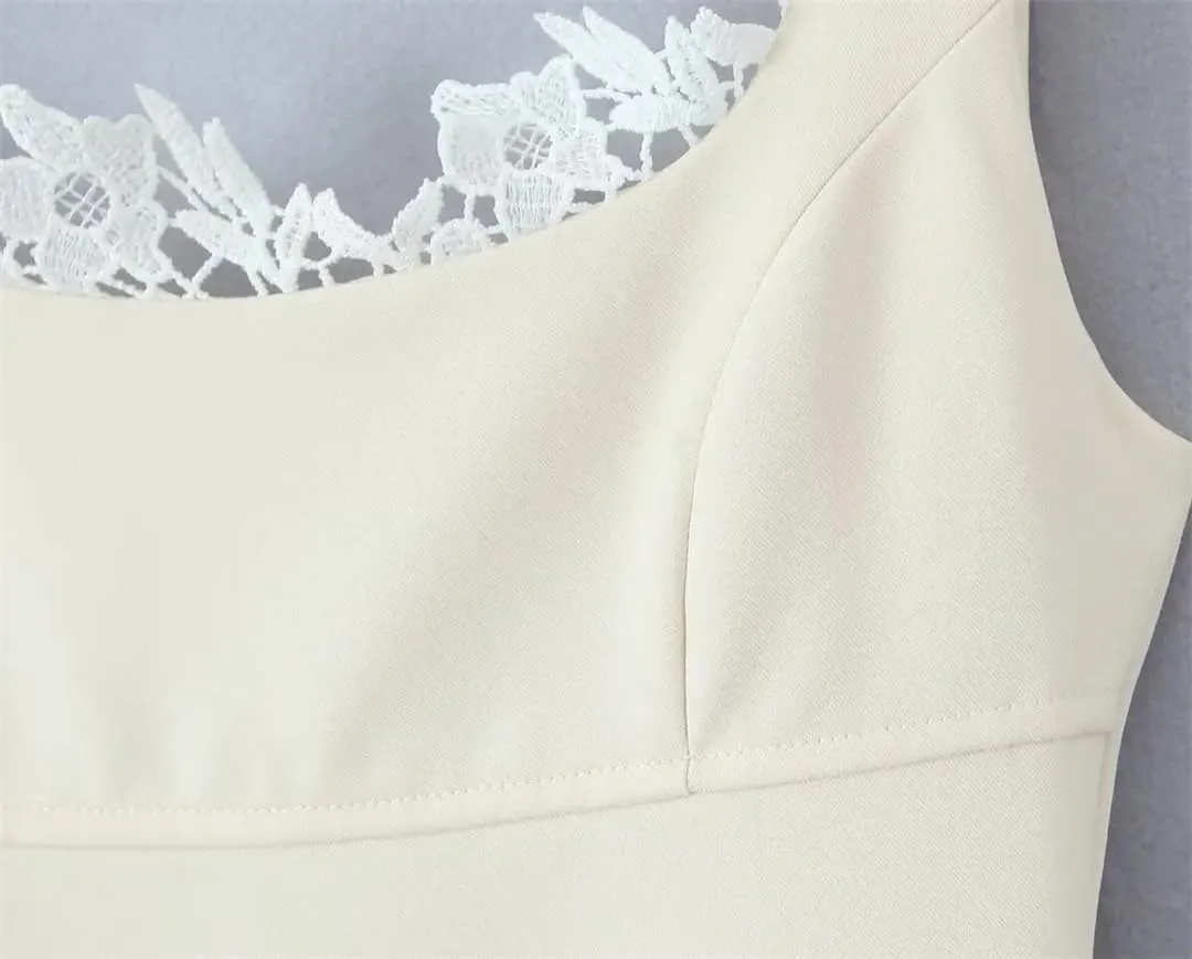 Women Lace Patchwork Mini Tank Dress Sleeveless Square Neck A-Line Bow Backless Party Dresses