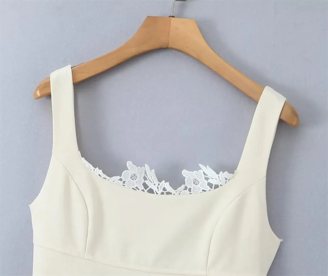 Women Lace Patchwork Mini Tank Dress Sleeveless Square Neck A-Line Bow Backless Party Dresses