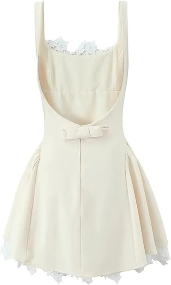 Women Lace Patchwork Mini Tank Dress Sleeveless Square Neck A-Line Bow Backless Party Dresses