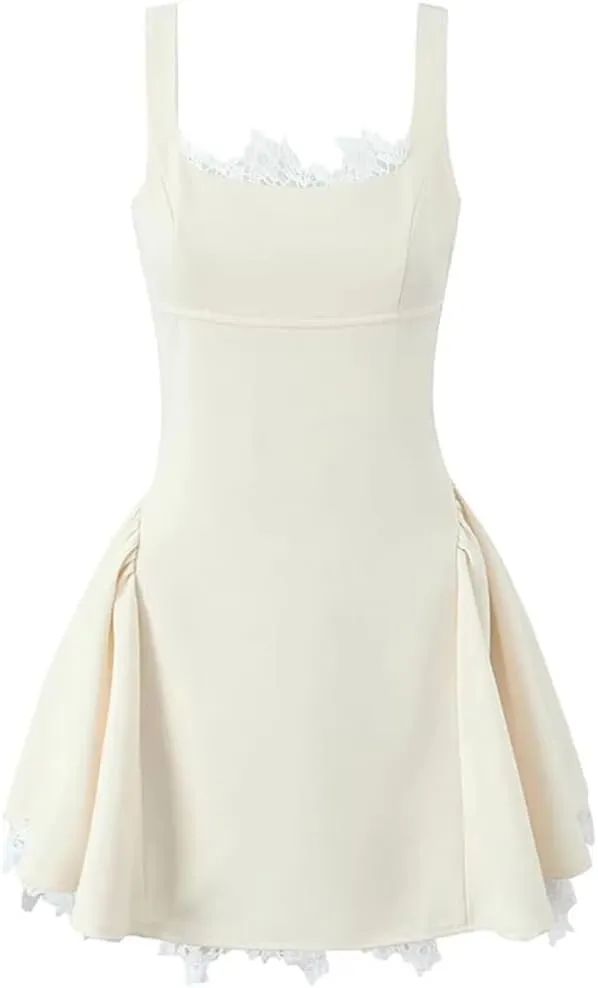 Women Lace Patchwork Mini Tank Dress Sleeveless Square Neck A-Line Bow Backless Party Dresses