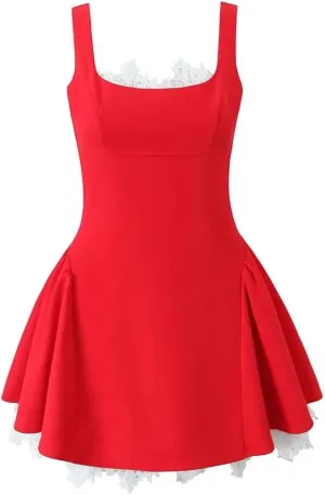 Women Lace Patchwork Mini Tank Dress Sleeveless Square Neck A-Line Bow Backless Party Dresses